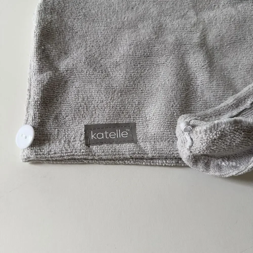 NIB Katelle Spa Hair Towel Wrap‎ Gray Microfiber Button Closure 23” x 9”